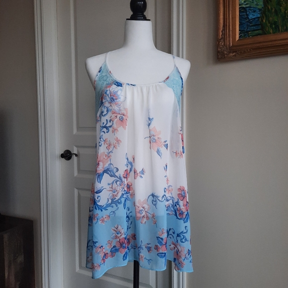 In Bloom Sheer Mesh Dress with Lace Detail Size Small White/Blue Flower Print - Picture 1 of 5